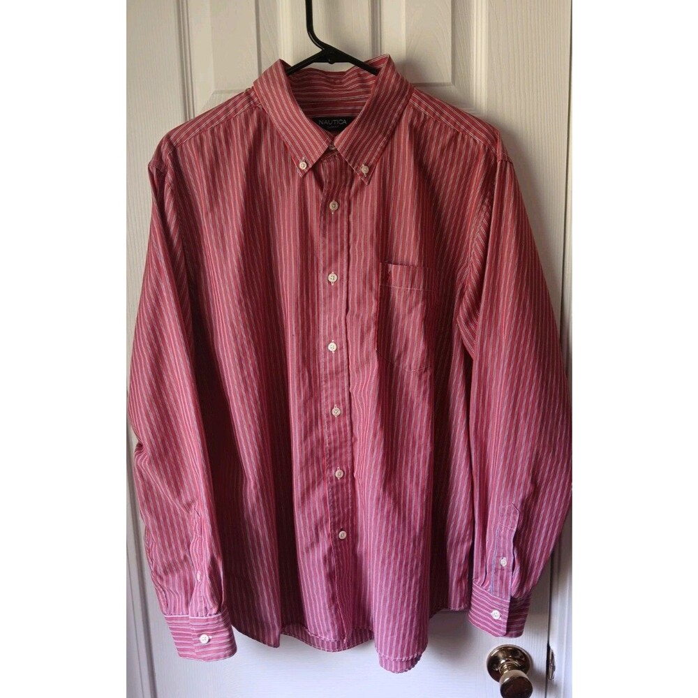 Men's Nautica Button Down Striped Shirt Long Sleeve XL Red Slim Fit